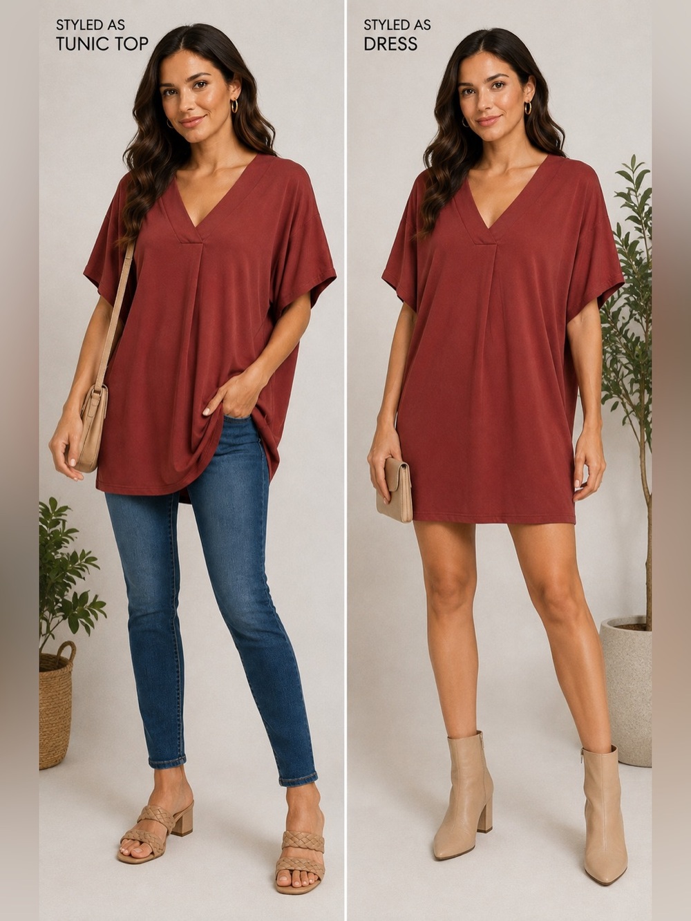 MTS Rust Red Oversized V-Neck Tunic Top Mini Dress M NWOT